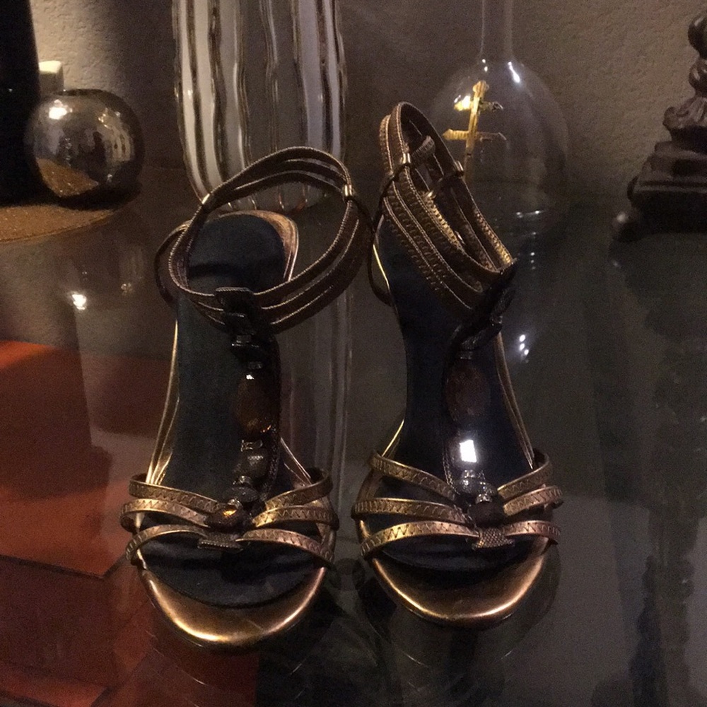 Copper and jeweled 9 West heels.